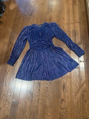 Sabina Musayev Metallic Navy Pleated Long-Sleeve Mini Dress